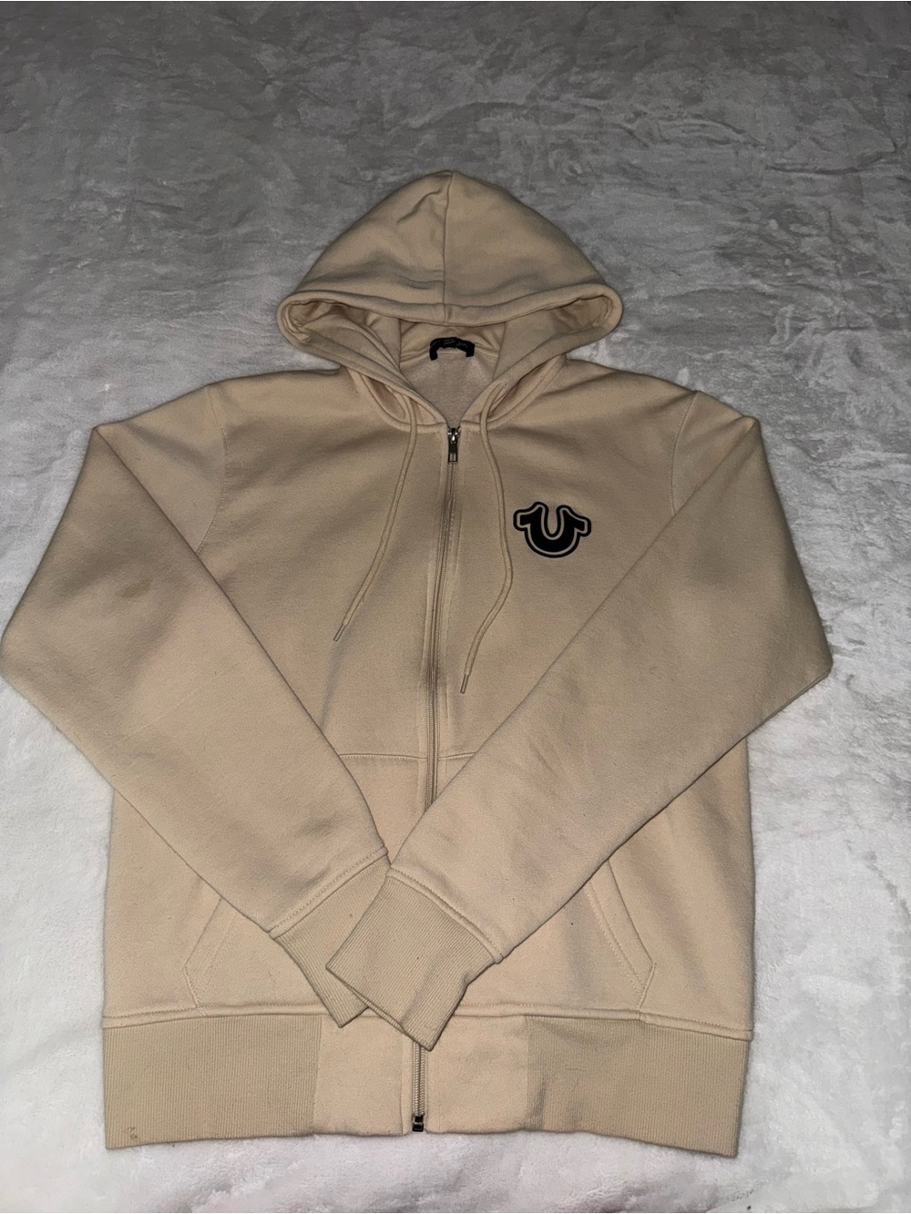 True Religion Men's Beige Zip-Up Hoodie with Logo Patch